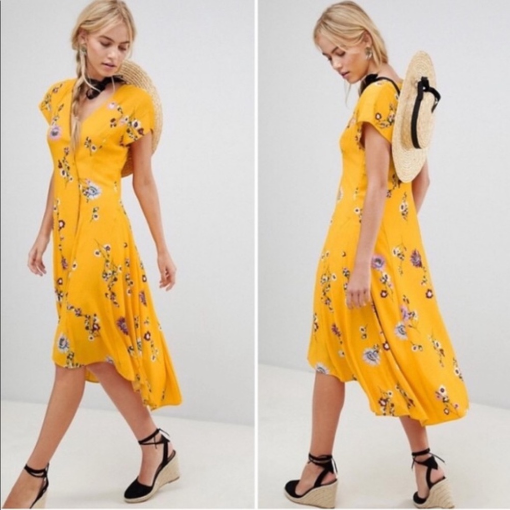 Make Offer Free People Yellow Floral Midi Dress
